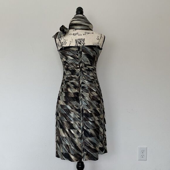 Vintage Y2K  Blue Beige Gray Brown Cocktail Dress Size 4 With Scarf/Shawl - Picture 2 of 6